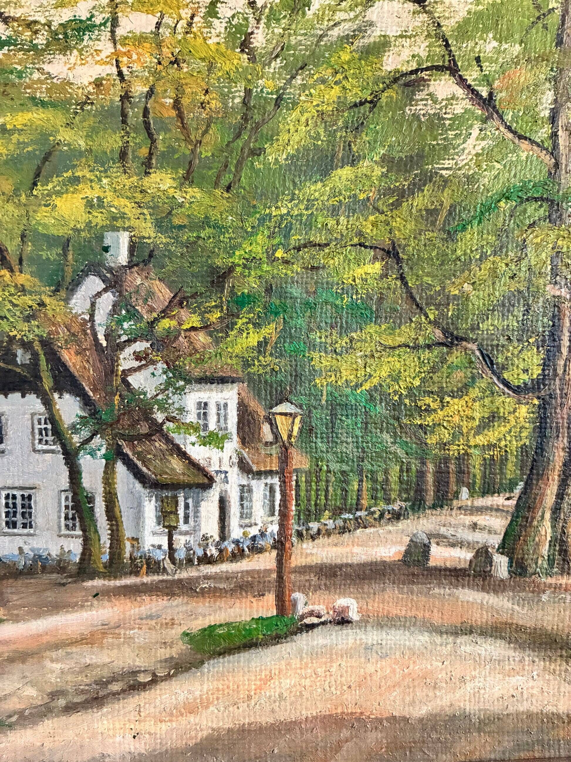 Vintage signed cottage landscape oil painting