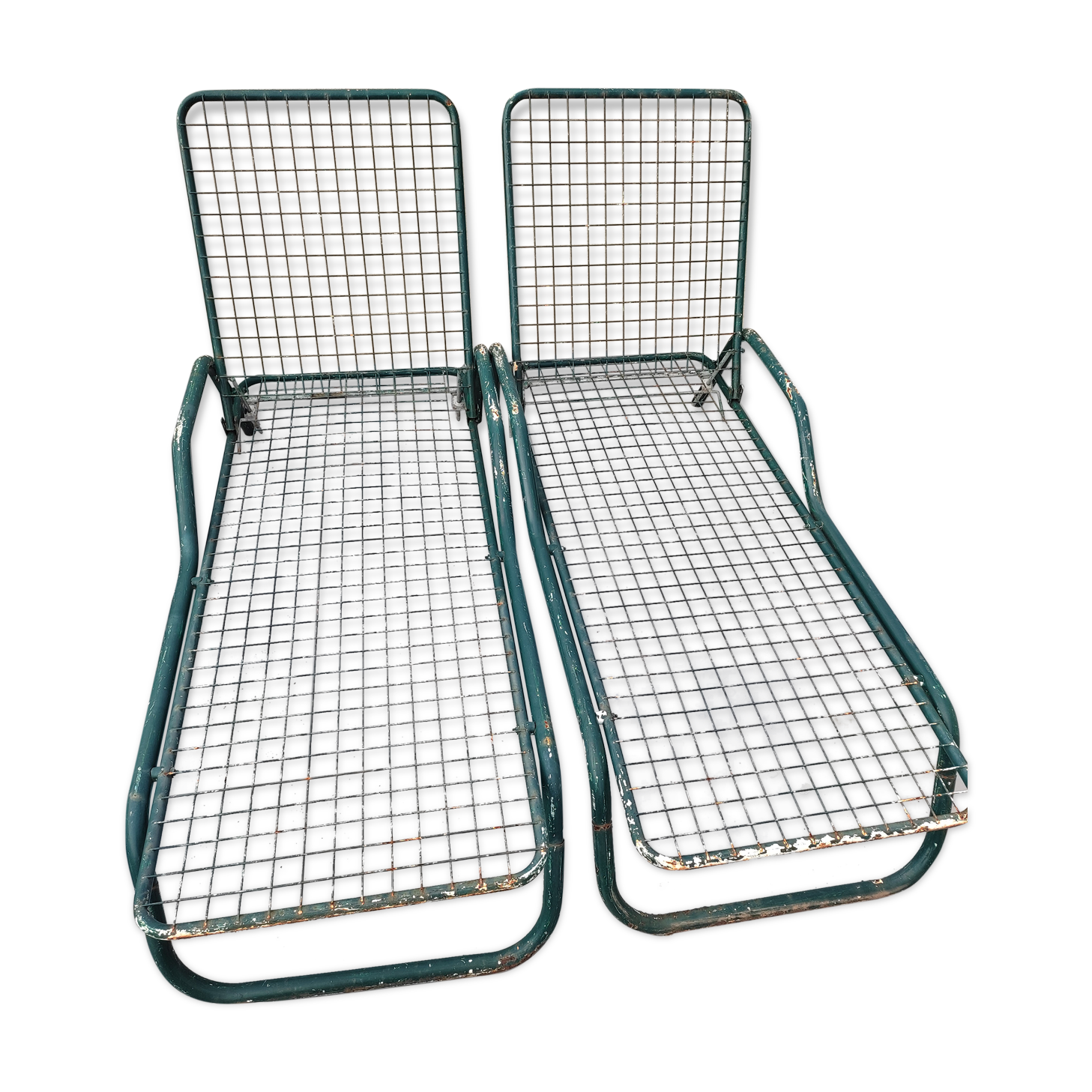 Pair of metal deckchairs