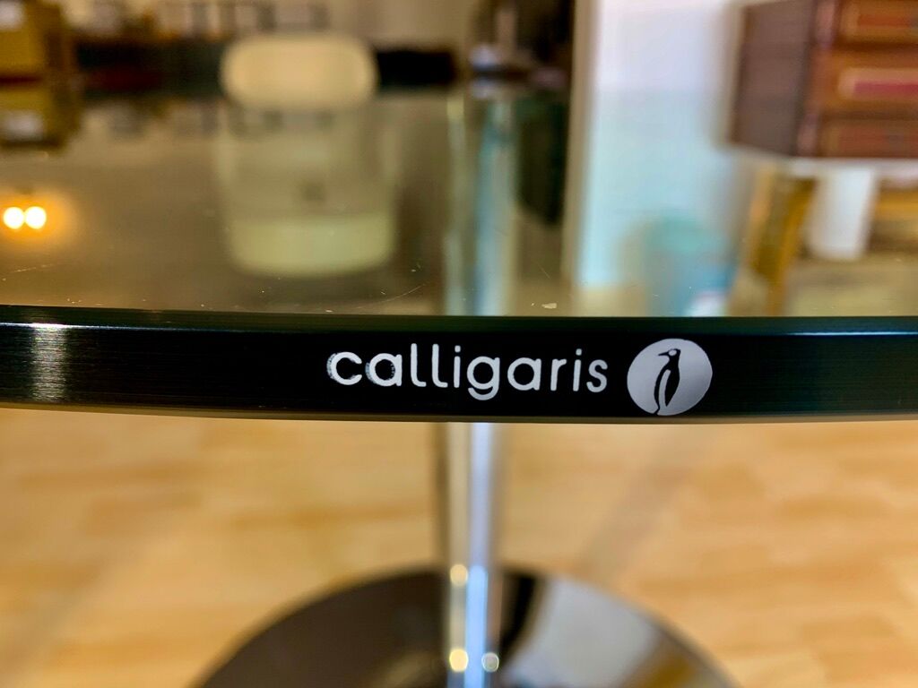 Table legs tulip in chromed metal and tempered glass top Italy stamped Calligaris
