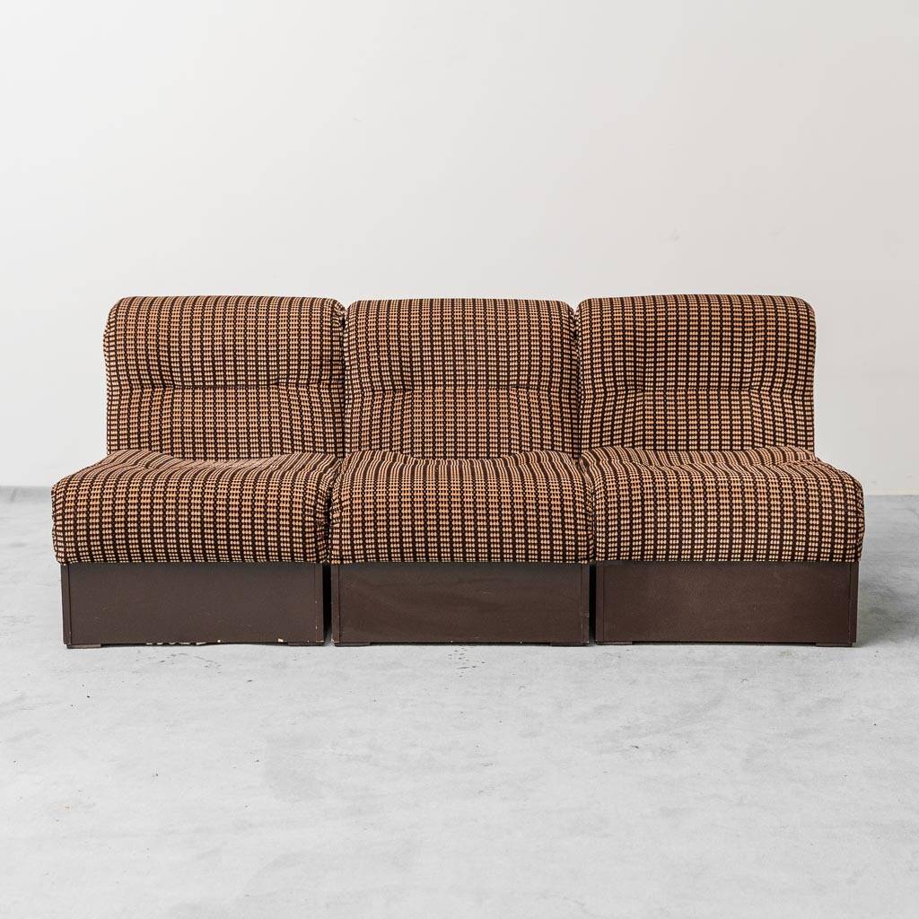 Divano 3 modules en tessuto marrone anni '70 vintage modernariato