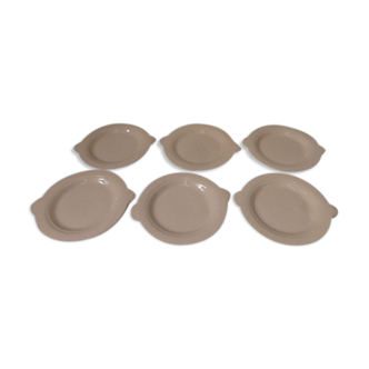 8 assiettes en forme de poisson en faience rose poudre Digoin Sarreguemines anciennes