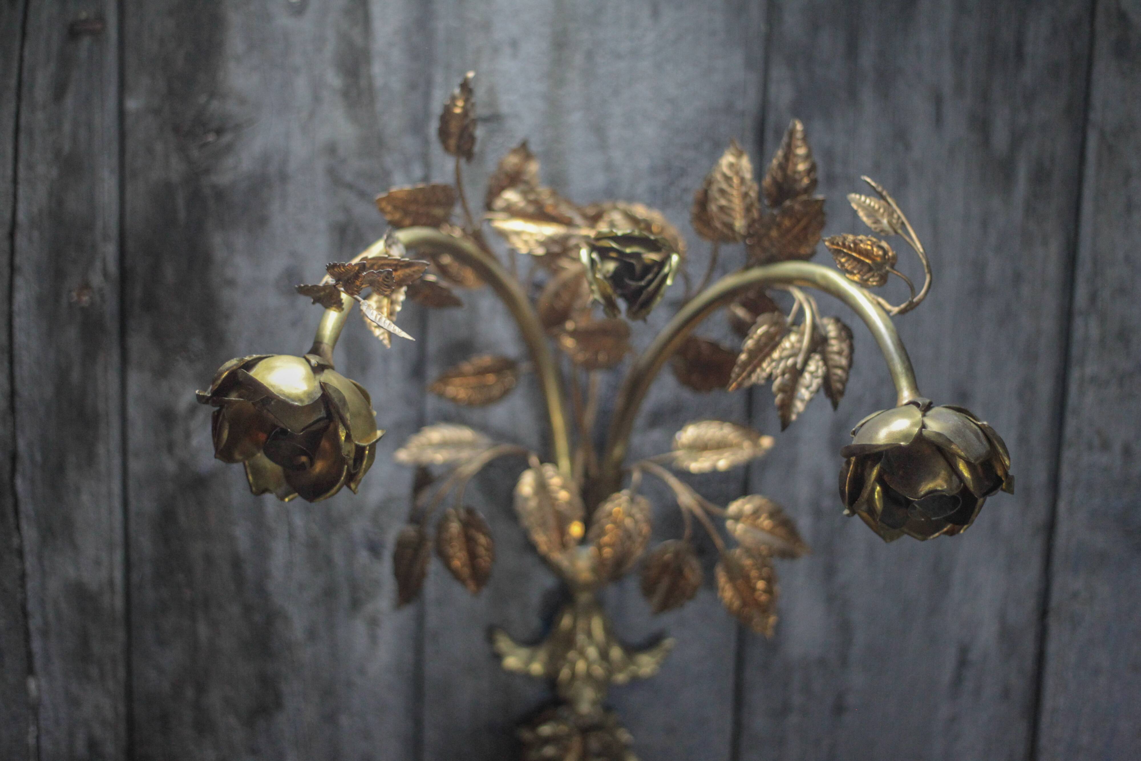 Pair of bronze and gold metal floral wall sconces, flower wall lamp.