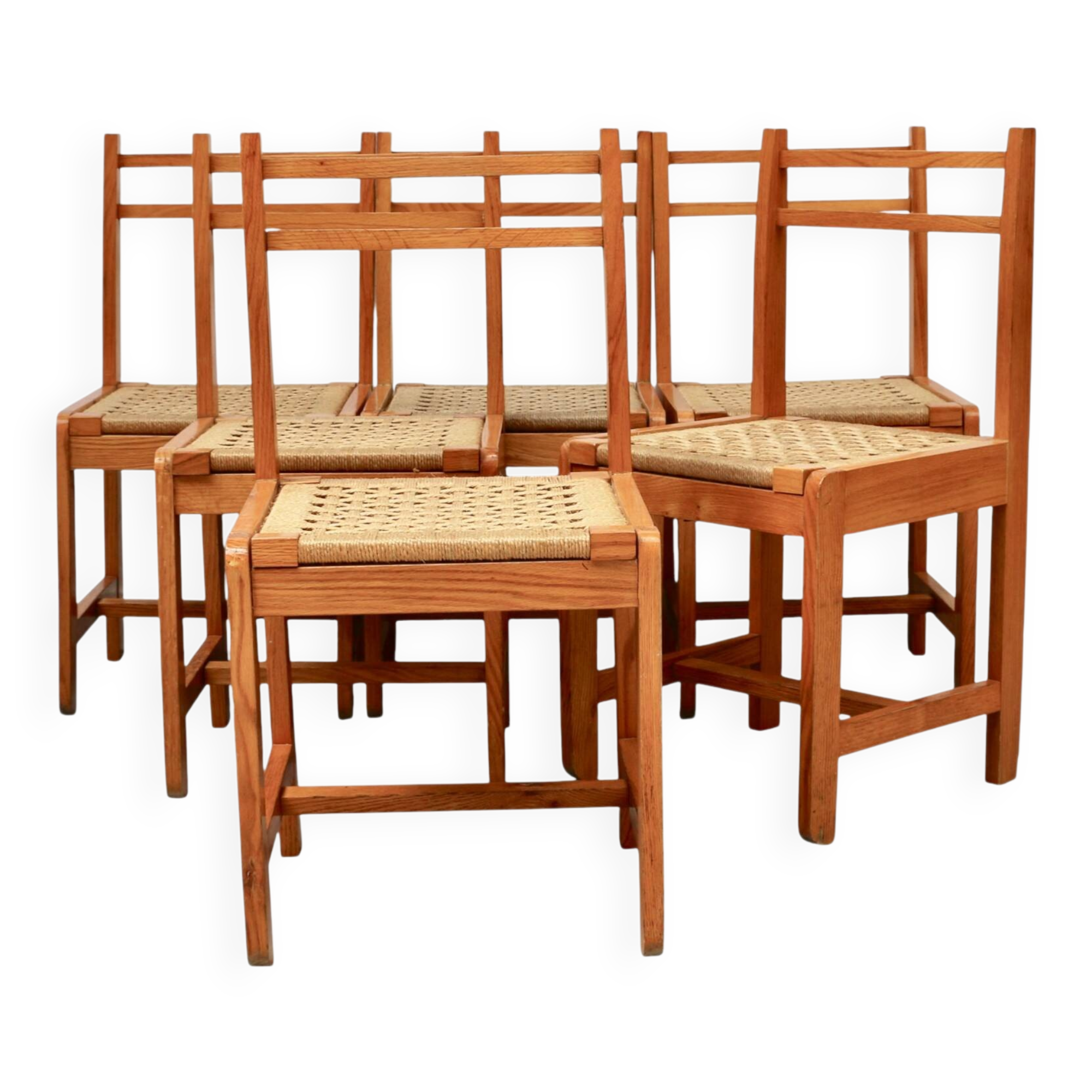 6 light wood chairs with rush seats, Italy, 1960s