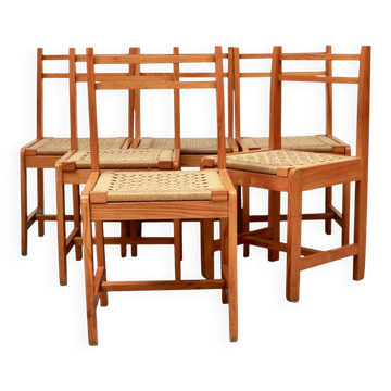 6 light wood chairs with rush seats, Italy, 1960s
