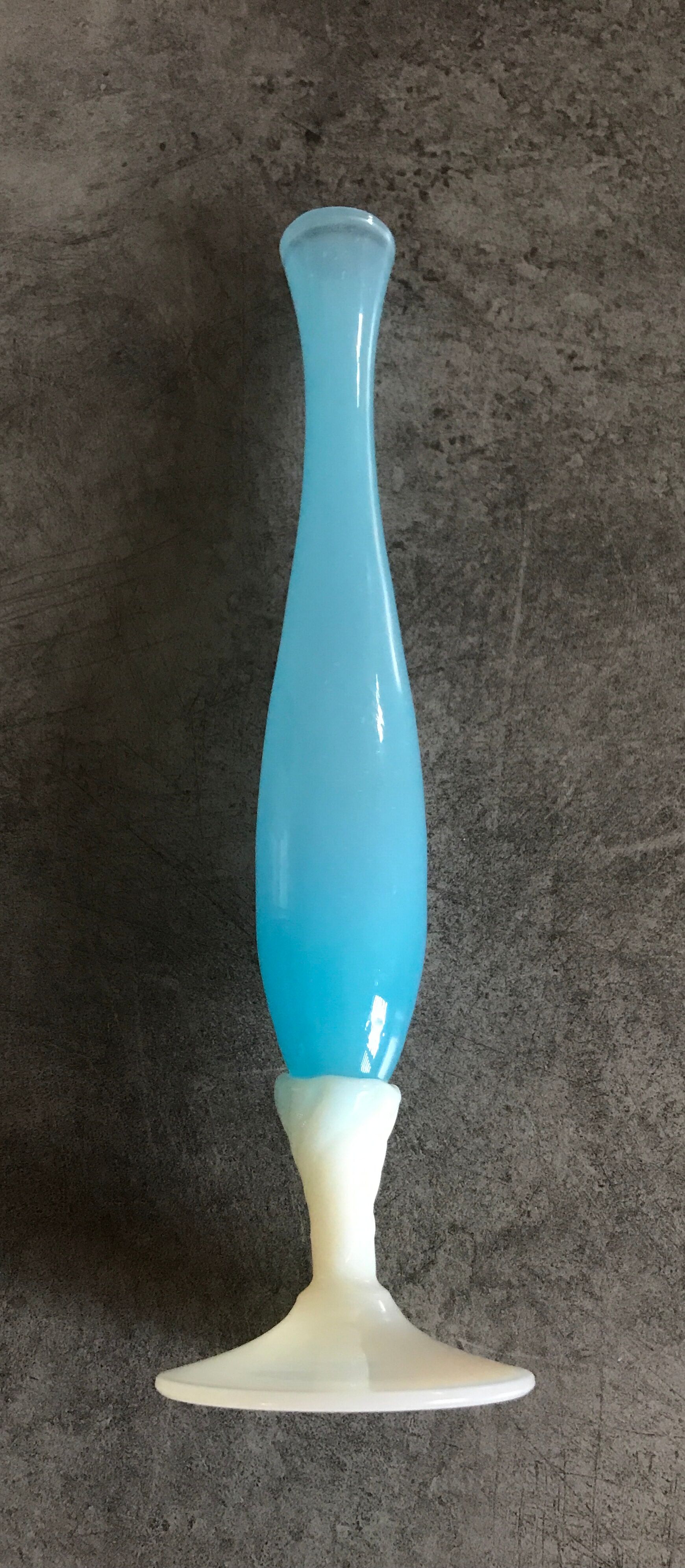 Vase soliflore in opaline turquoise blue color and white foot 24 cm