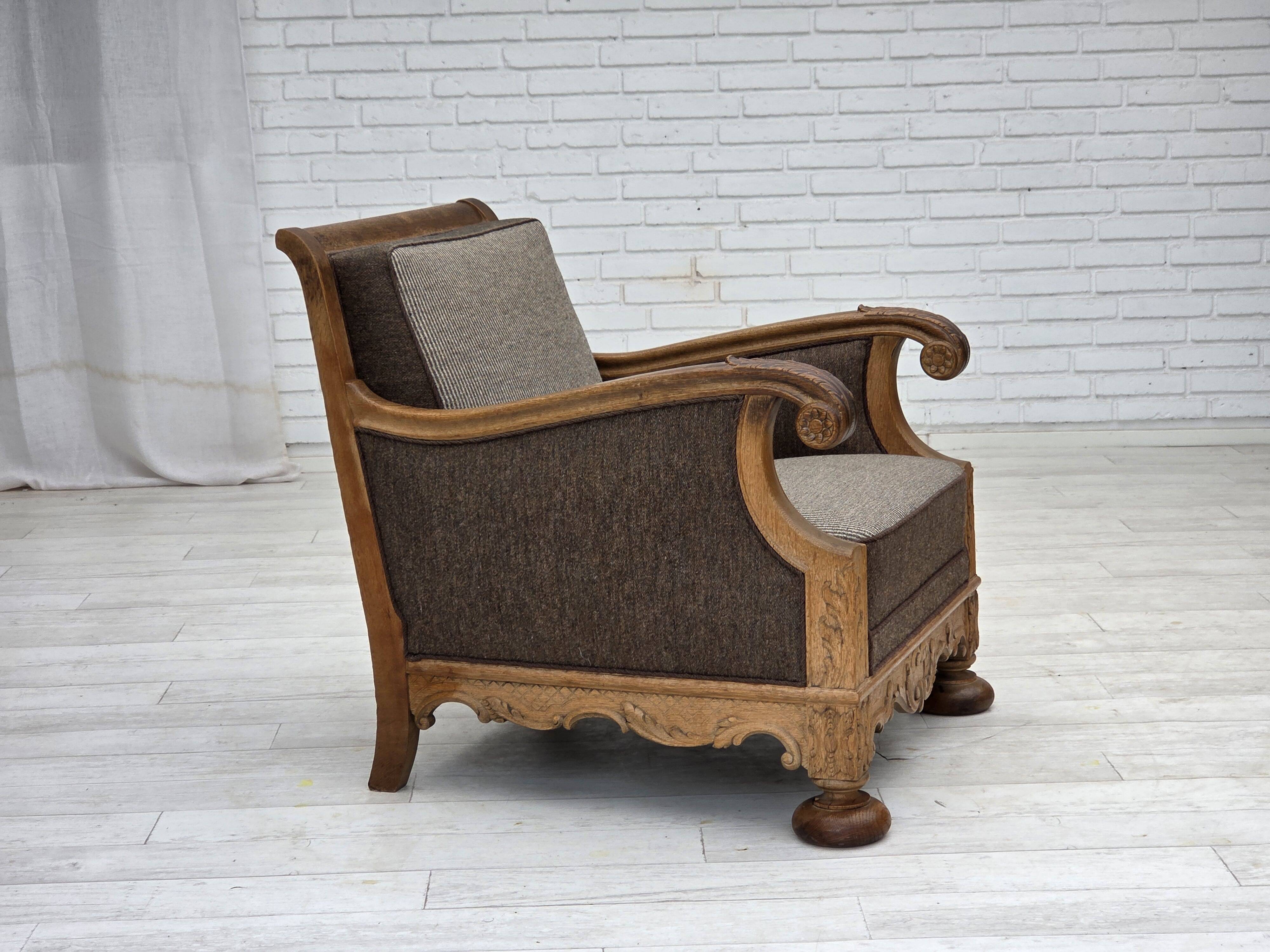 1950s, Danish armchair, furniture wool, solid carved oak wood.