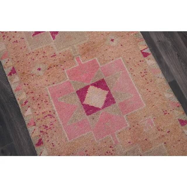Vintage Turkish Hand-Knotted Wool Cotton Pink Runner Rug 102x300