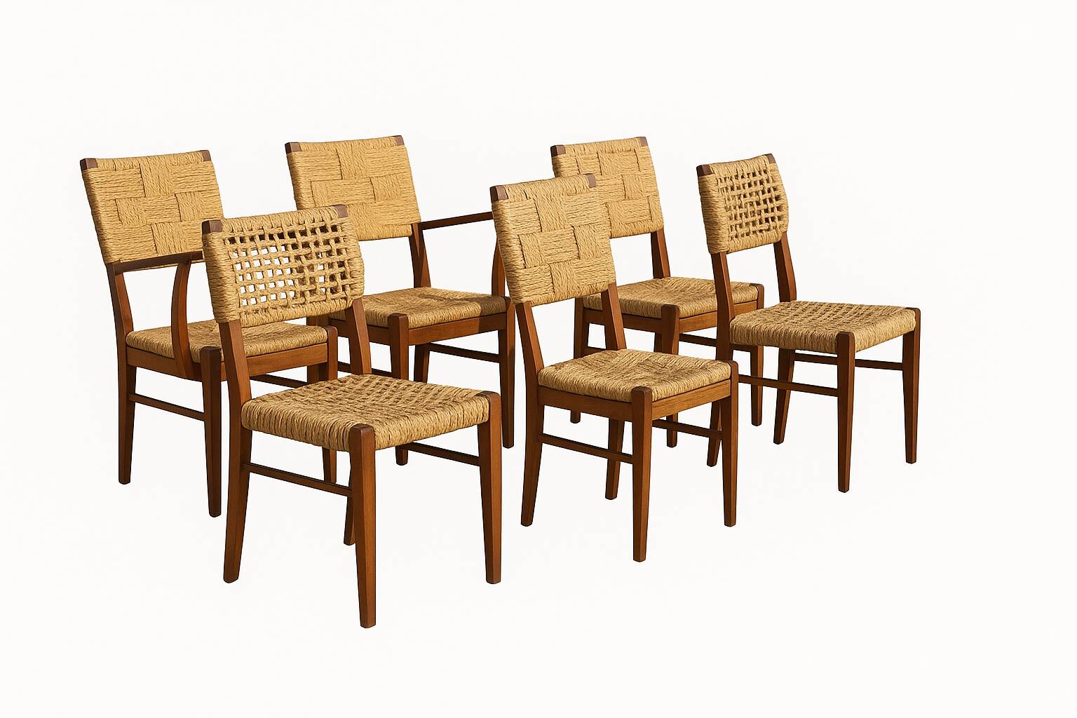 Set of 6 Audoux Minet armchairs and chairs, 1950s