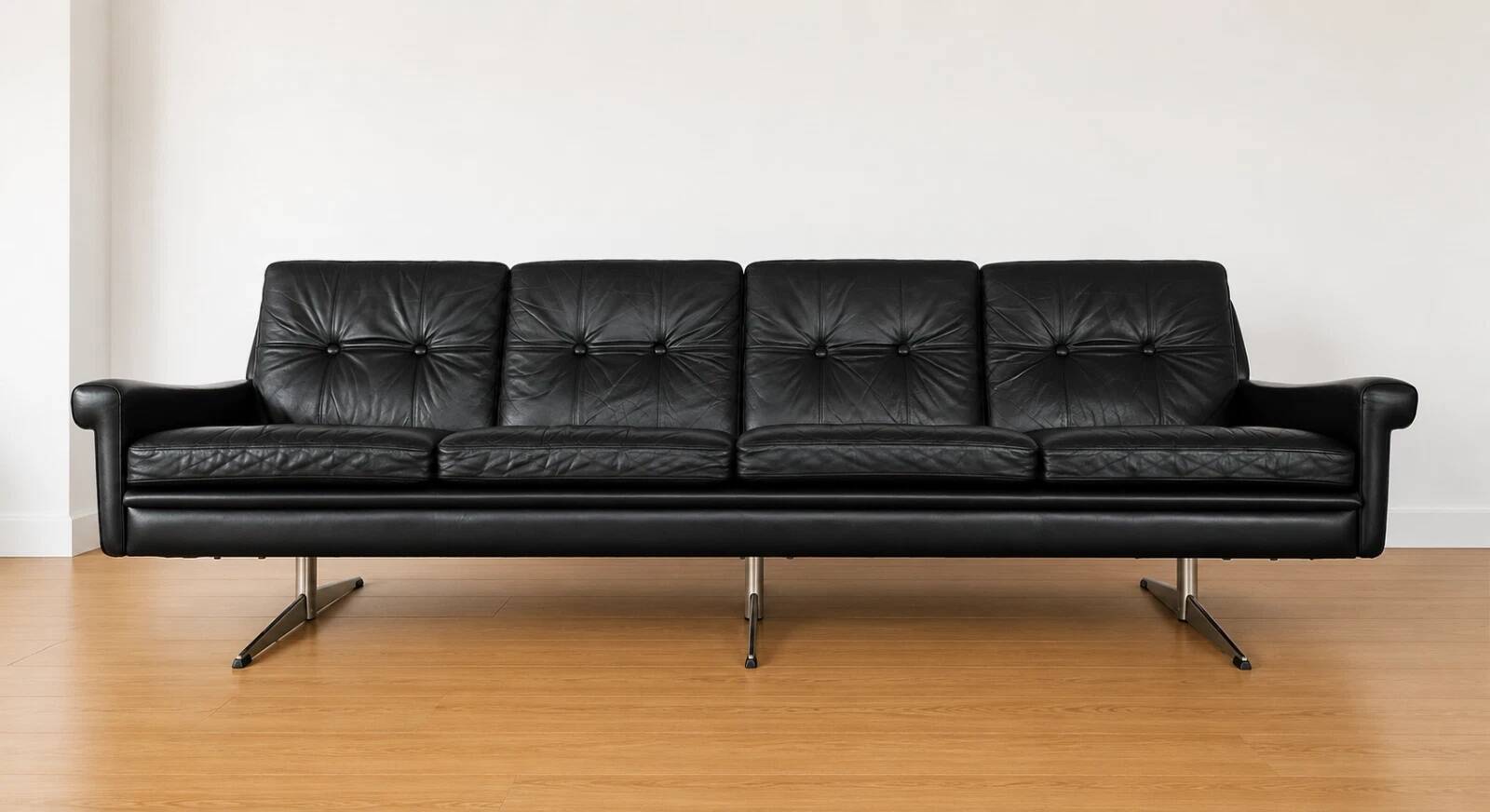 Vintage Danish Svend Skipper 4 person sofa in black leather and chrome