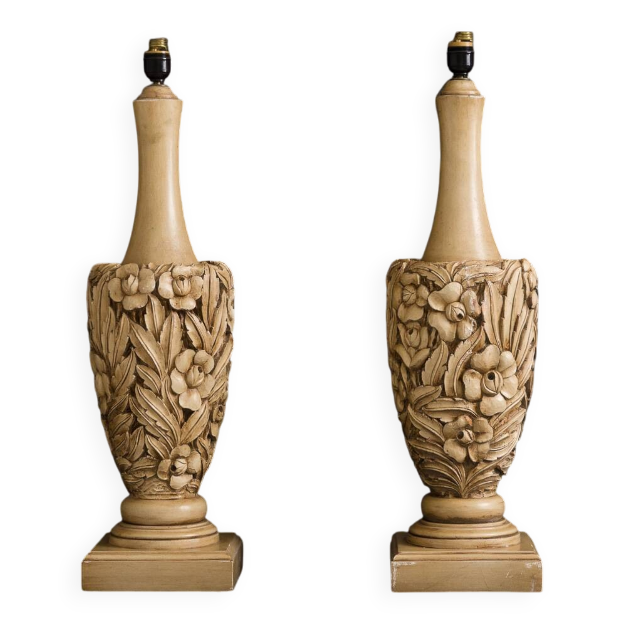 Vintage hand-carved wooden lamps by Mariano García