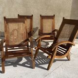 Ensemble de 4 fauteuils vintage en canne et latte de bois 1950