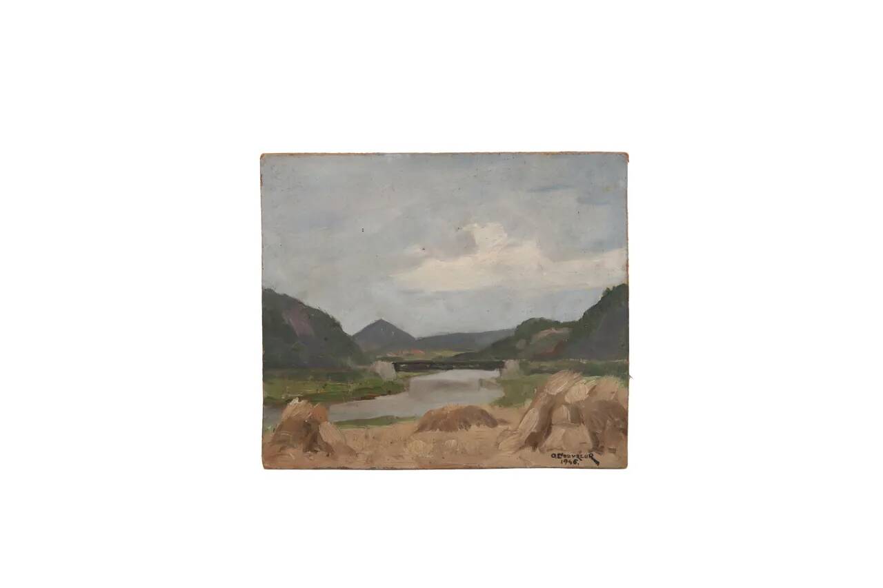 Landscape oil painting on hardboard by O. Couvreur, 1946