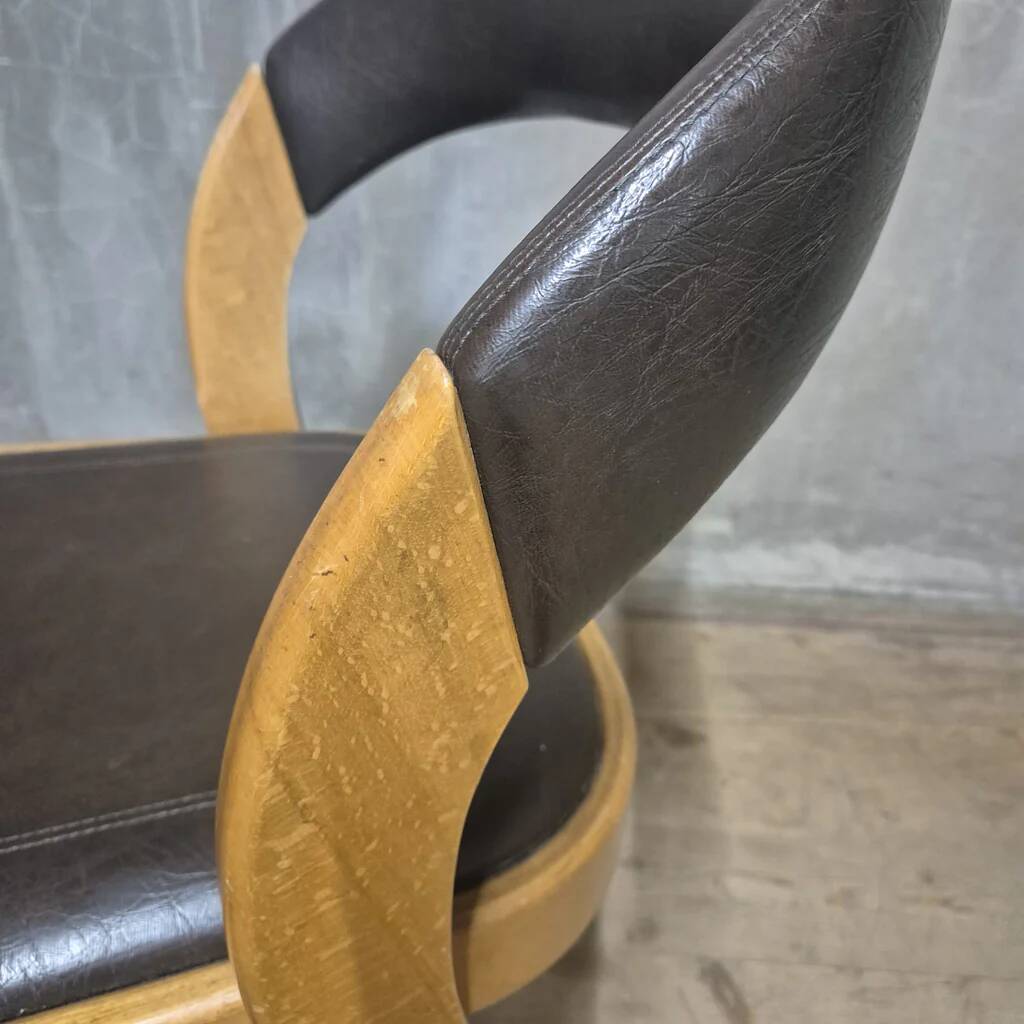 Vintage Curved-Back Dining Chair, Wood & Leatherette, Czechoslovakia, 1970s