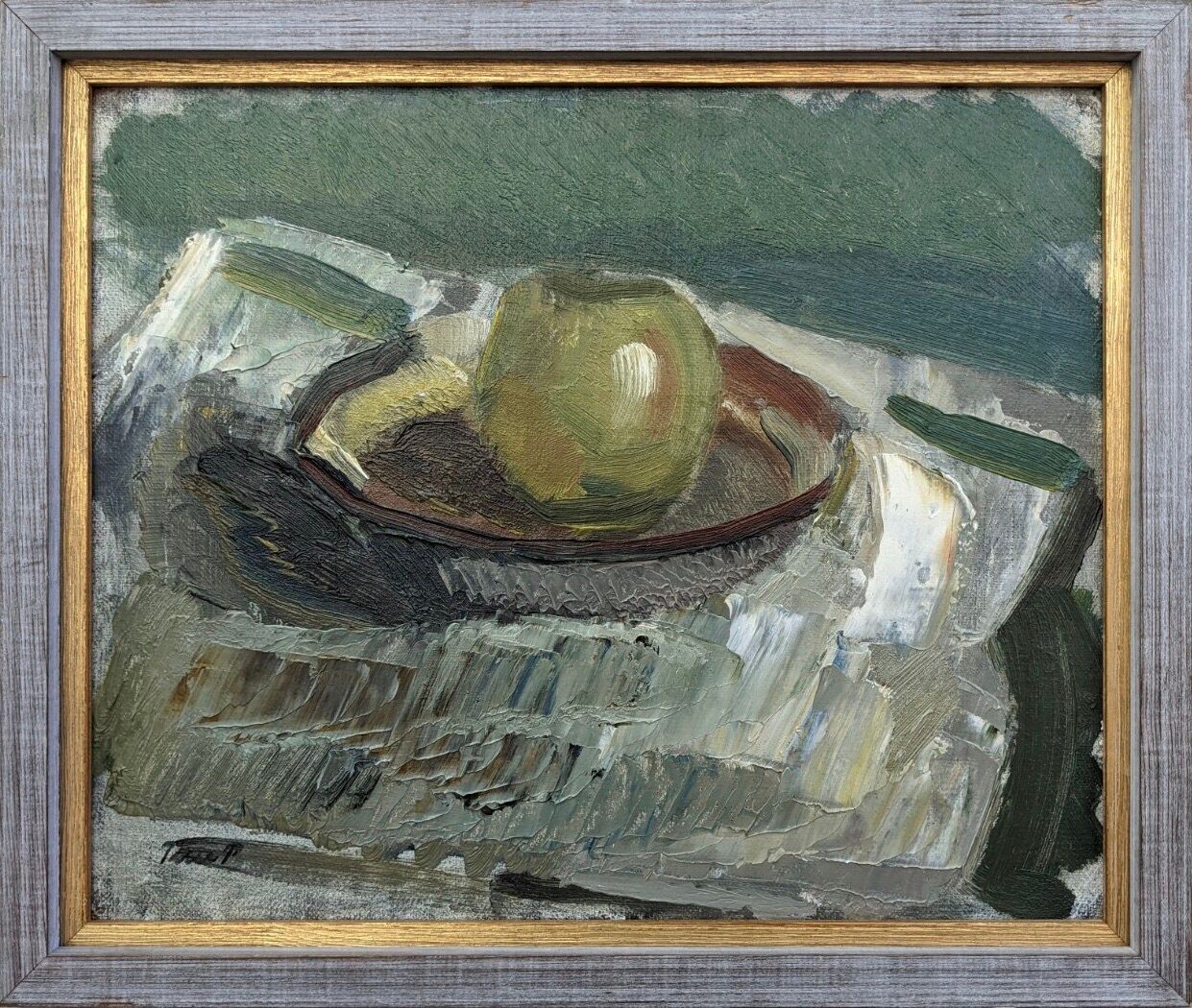 Mid-Century Modern "The Green Apple" Swedish Expressionist Still Life Oil Painting, Framed