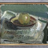 Mid-Century Modern "The Green Apple" Swedish Expressionist Still Life Oil Painting, Framed