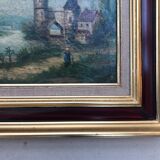 Animated landscape on the edge of a mountain lake, oil on canvas, painting from 19th century