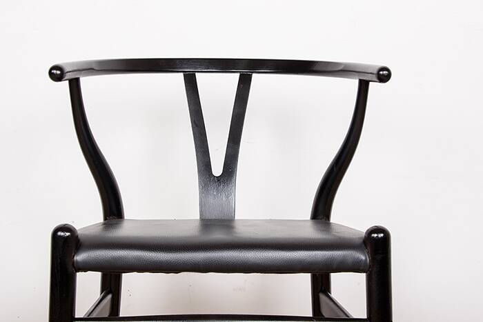 4 Danish chairs, black lacquered wood and leather, Wishbone model, Hans Wegner