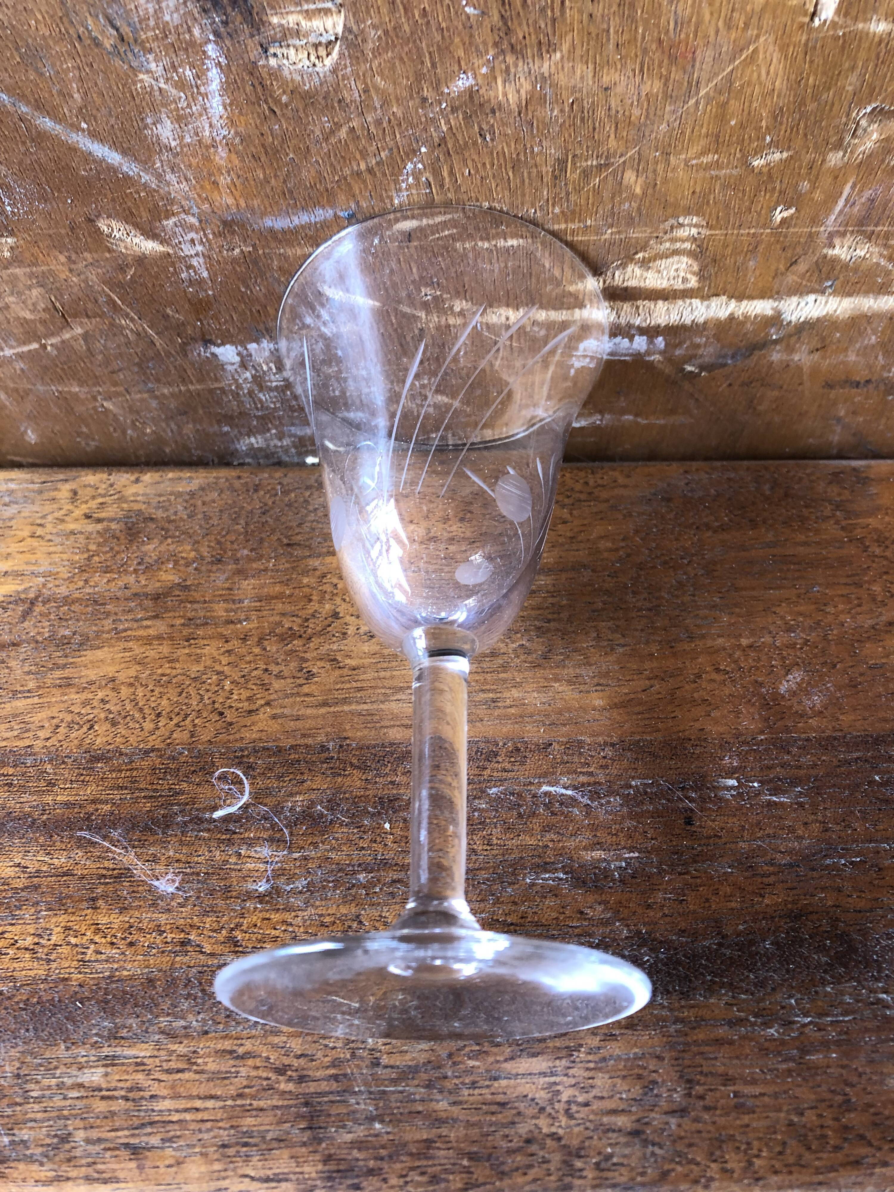 Old pitcher service and 5 foot glasses in engraved glass vintage table art