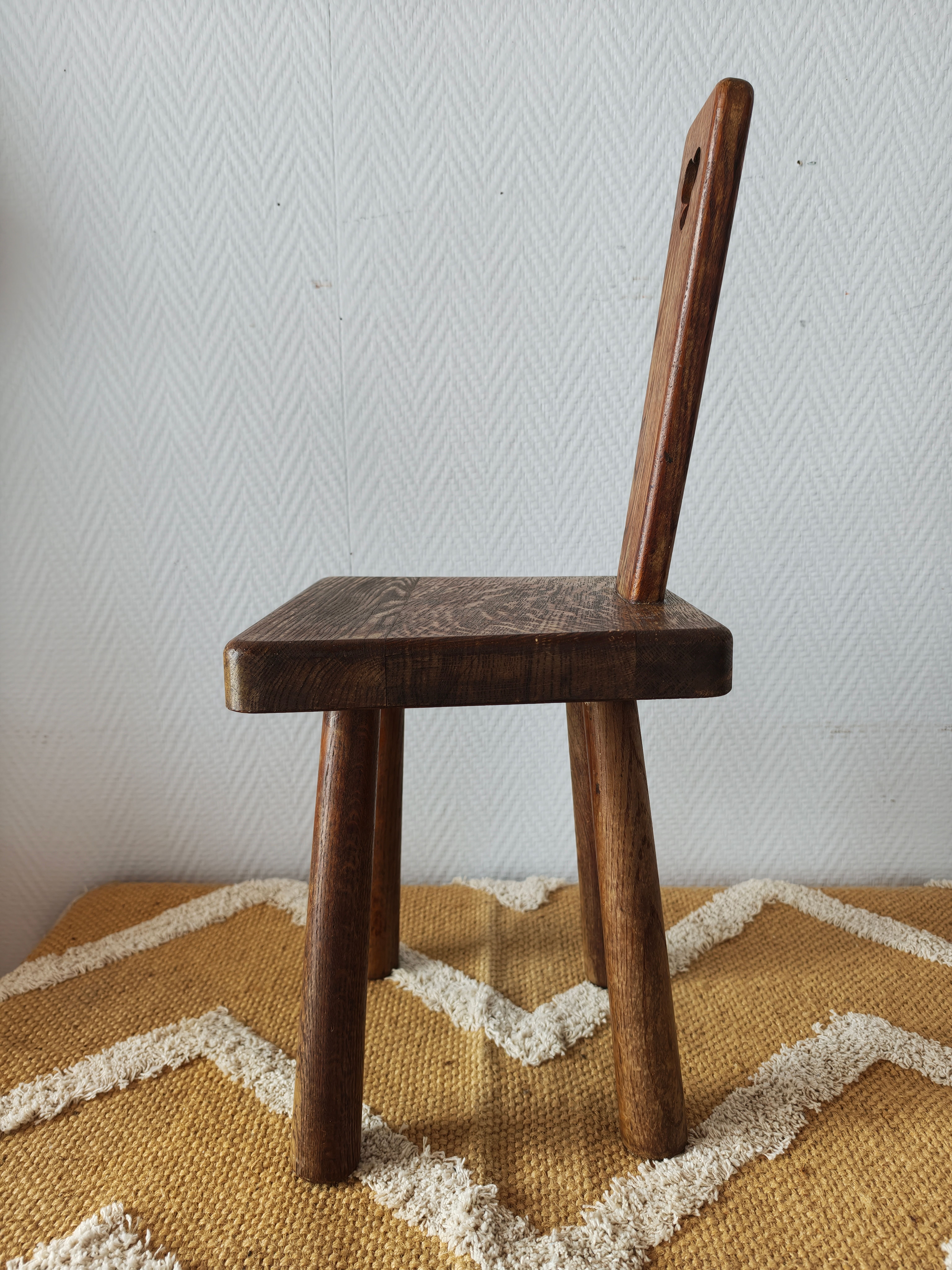 Brutalist stool with backrest in solid oak, origin Netherlands
