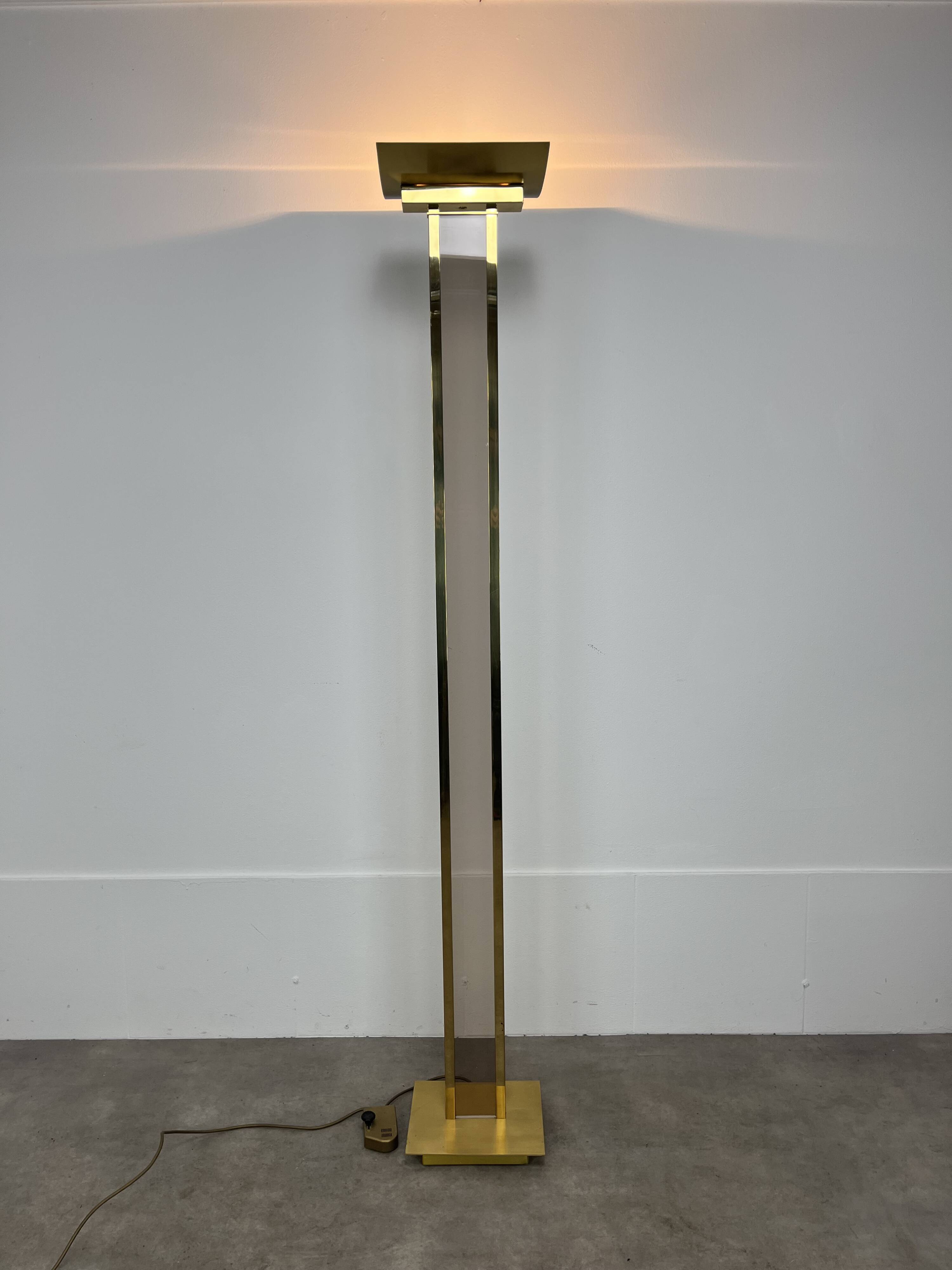 70s floor lamp in brass and smoked plexiglass, Hollywood Regency