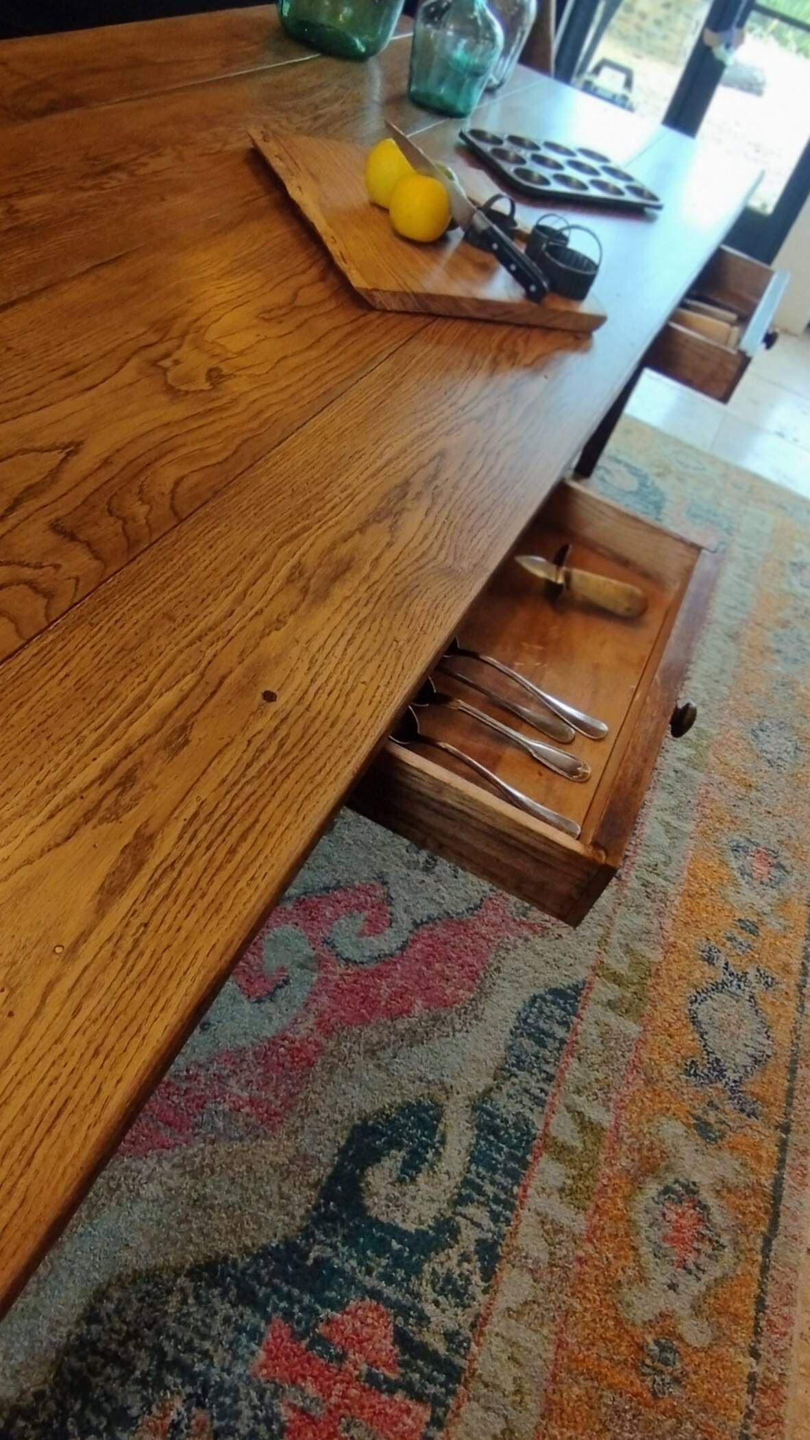 XXL solid oak farmhouse table 260x100 patinated two drawers