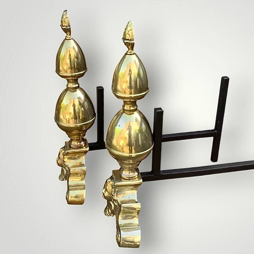 Pair of antique brass and cast iron andirons, Louis XVI style