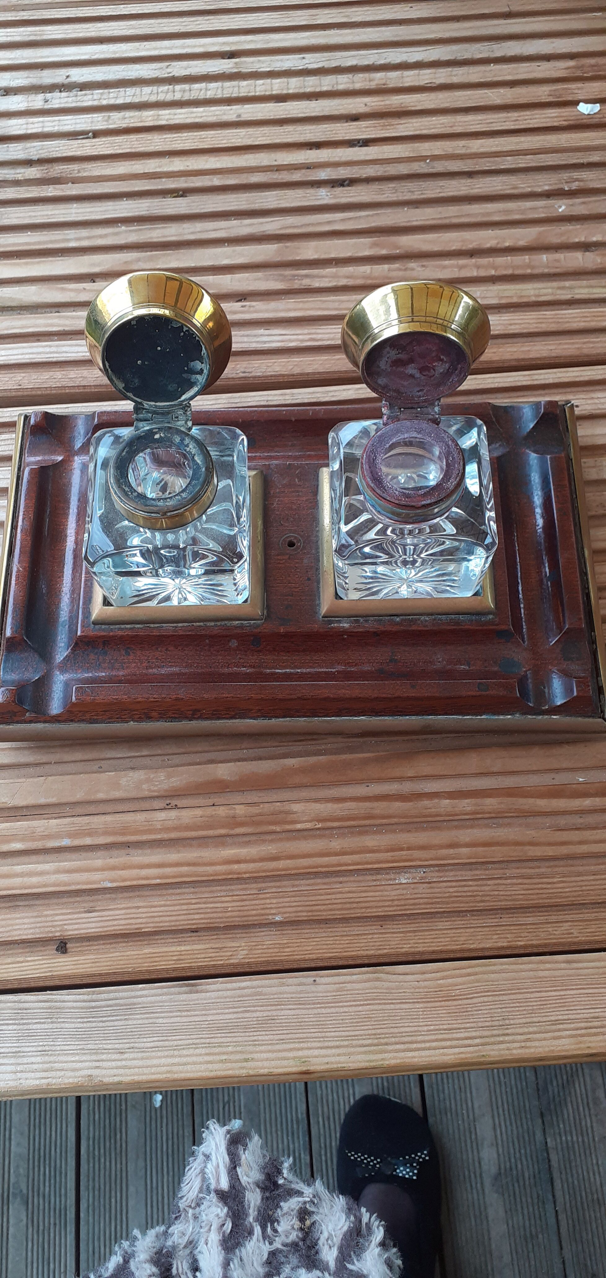 Art Deco inkwell in baccarat crystal, brass and rosewood