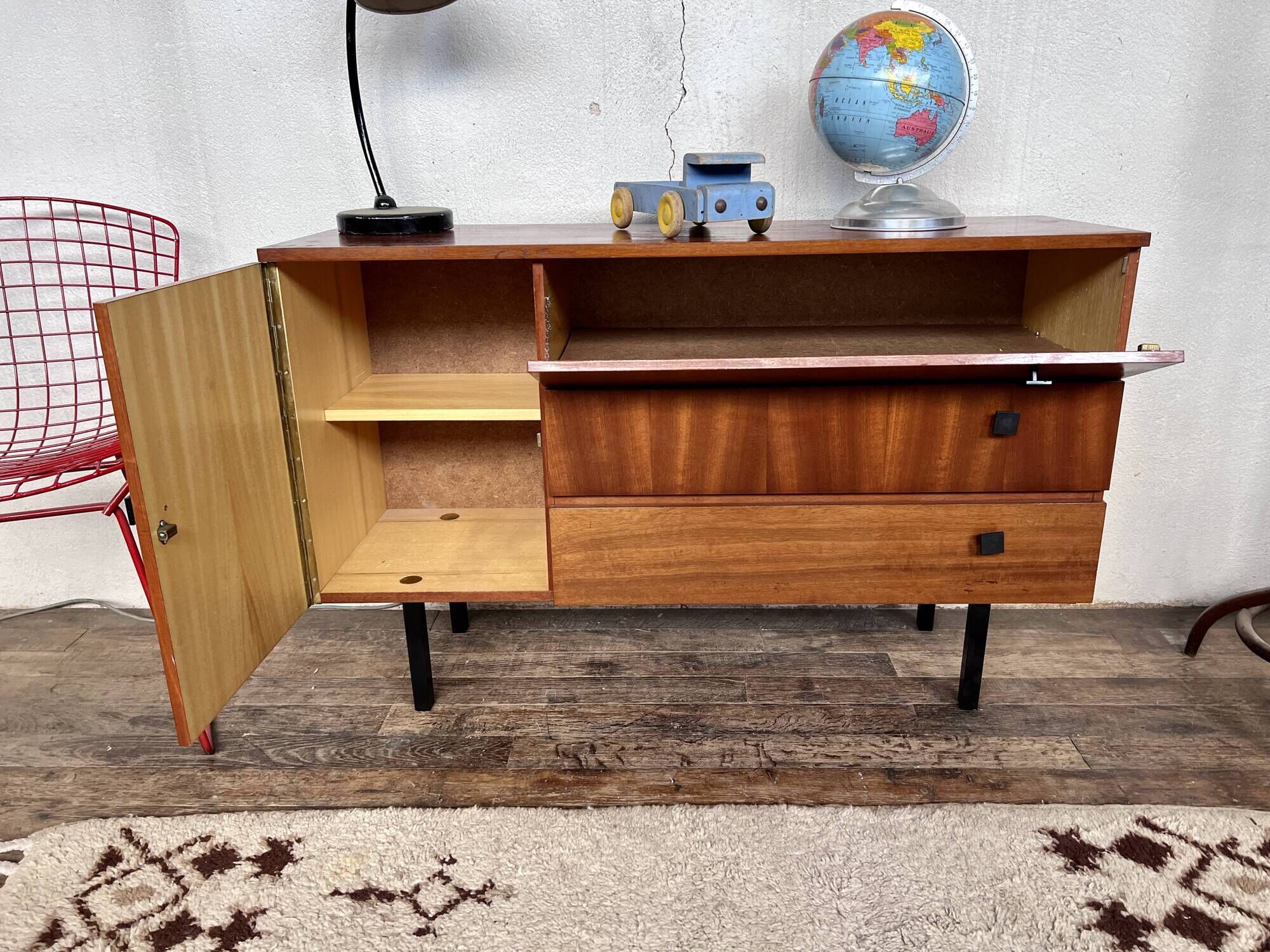 TV/ hifi cabinet in a row vintage modernist French 1960 LEGRAND DESIGN