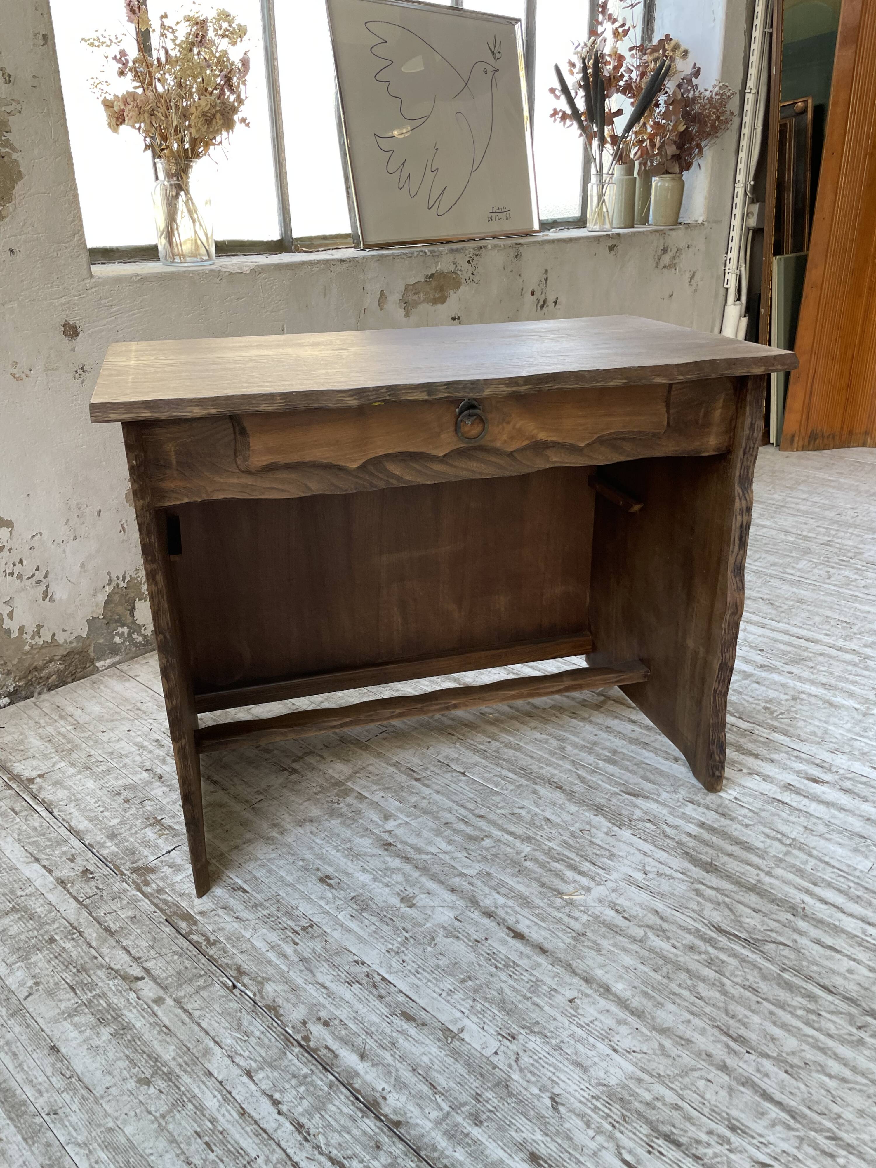 Brutalist desk in elm, signed Aranjou.