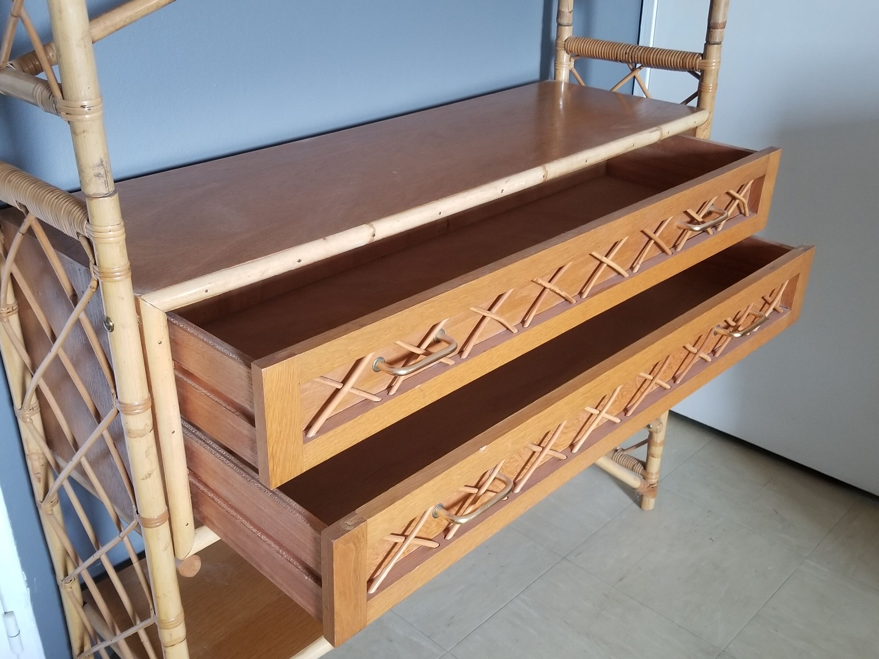 Louis Sognot vintage bamboo and rattan library - 1960s