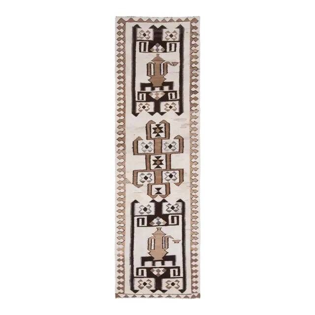 1970s Turkish Oushak Handmade Wool Cotton Beige Runner Rug 99x300