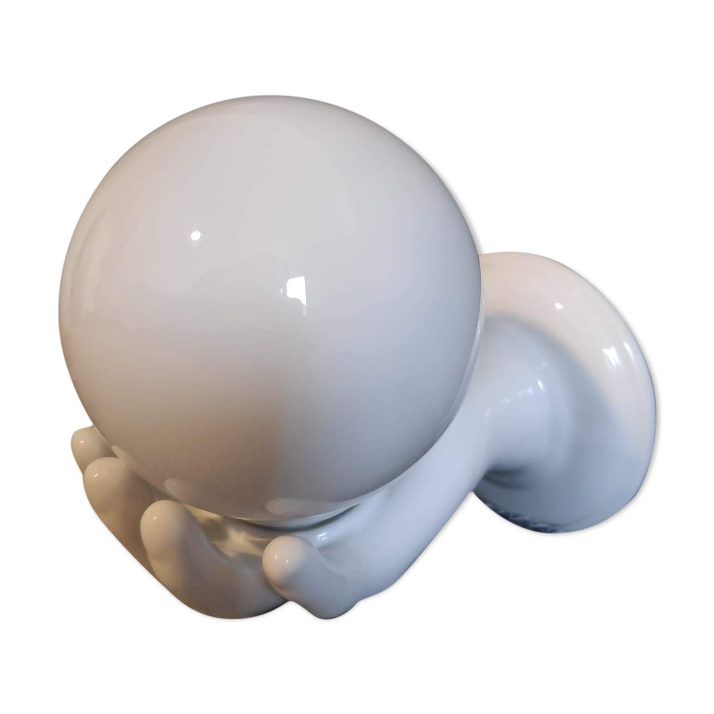 White ceramic hand sconce with white opaline globe