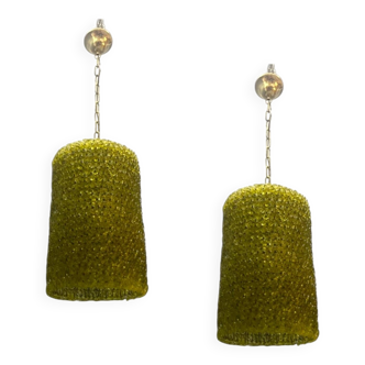 Olive Green Murano Glass Flower Light Pendants Set of 2