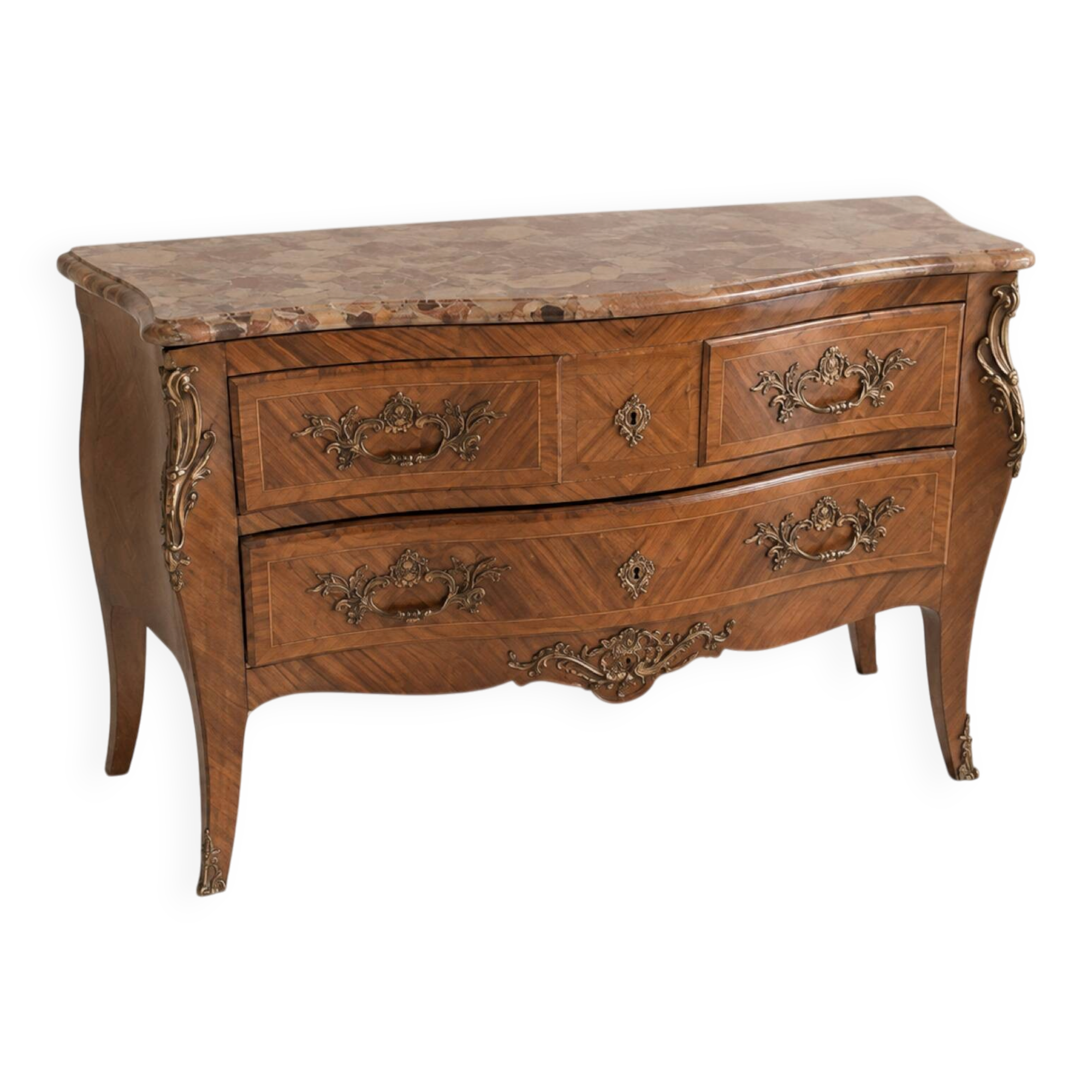 Curved Louis XV style commode in marquetry, veined marble and ornamentation.