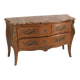 Curved Louis XV style commode in marquetry, veined marble and ornamentation.