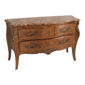 Curved Louis XV style commode in marquetry, veined marble and ornamentation.