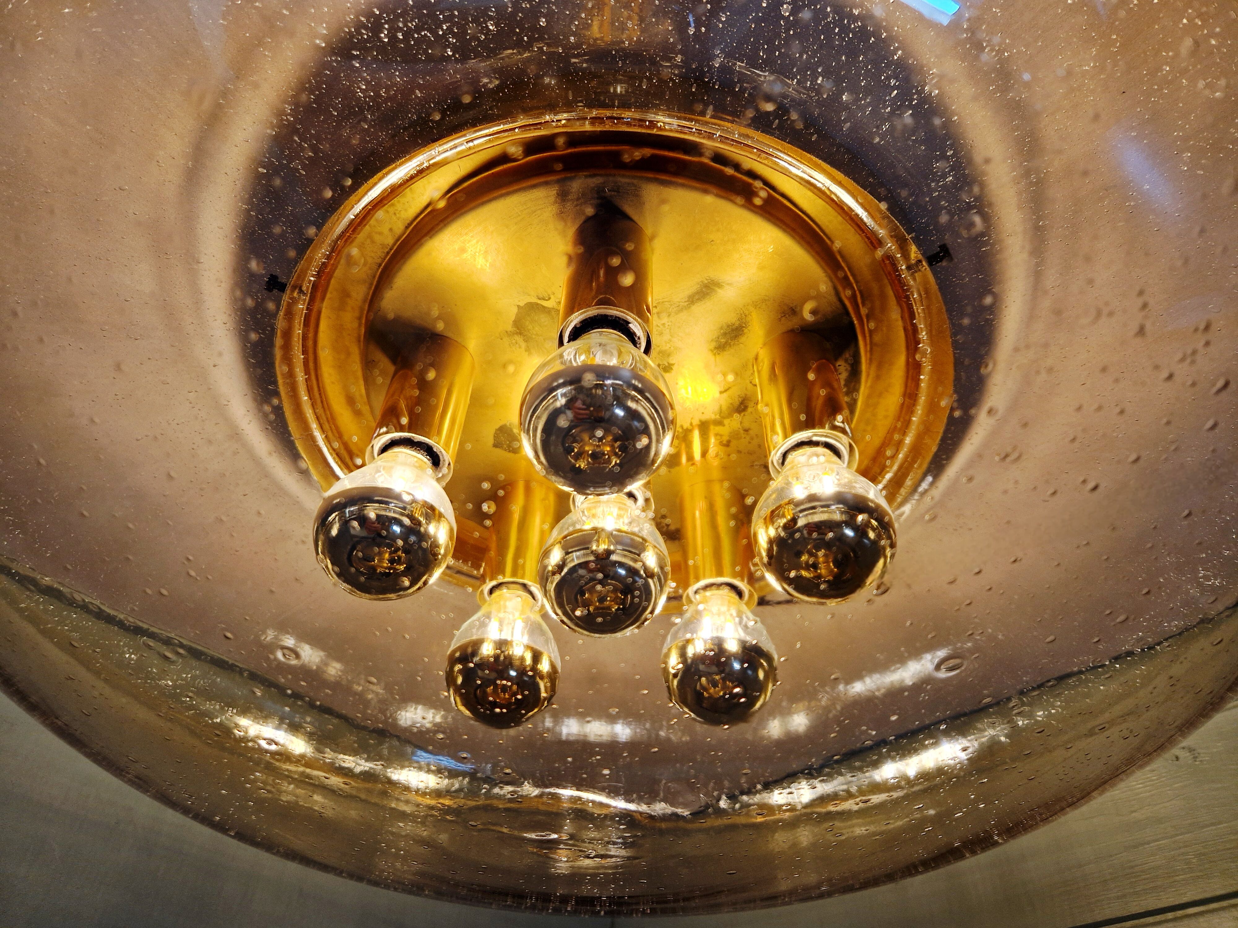 Large brass and blown bubble glass ceiling light, Glashütte Limburg, 1970.