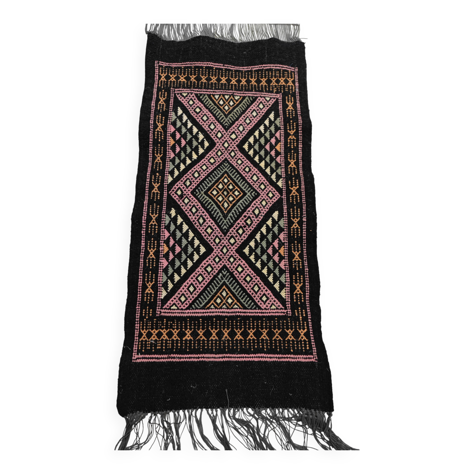 Colorful black margoum rug hand-woven in natural wool