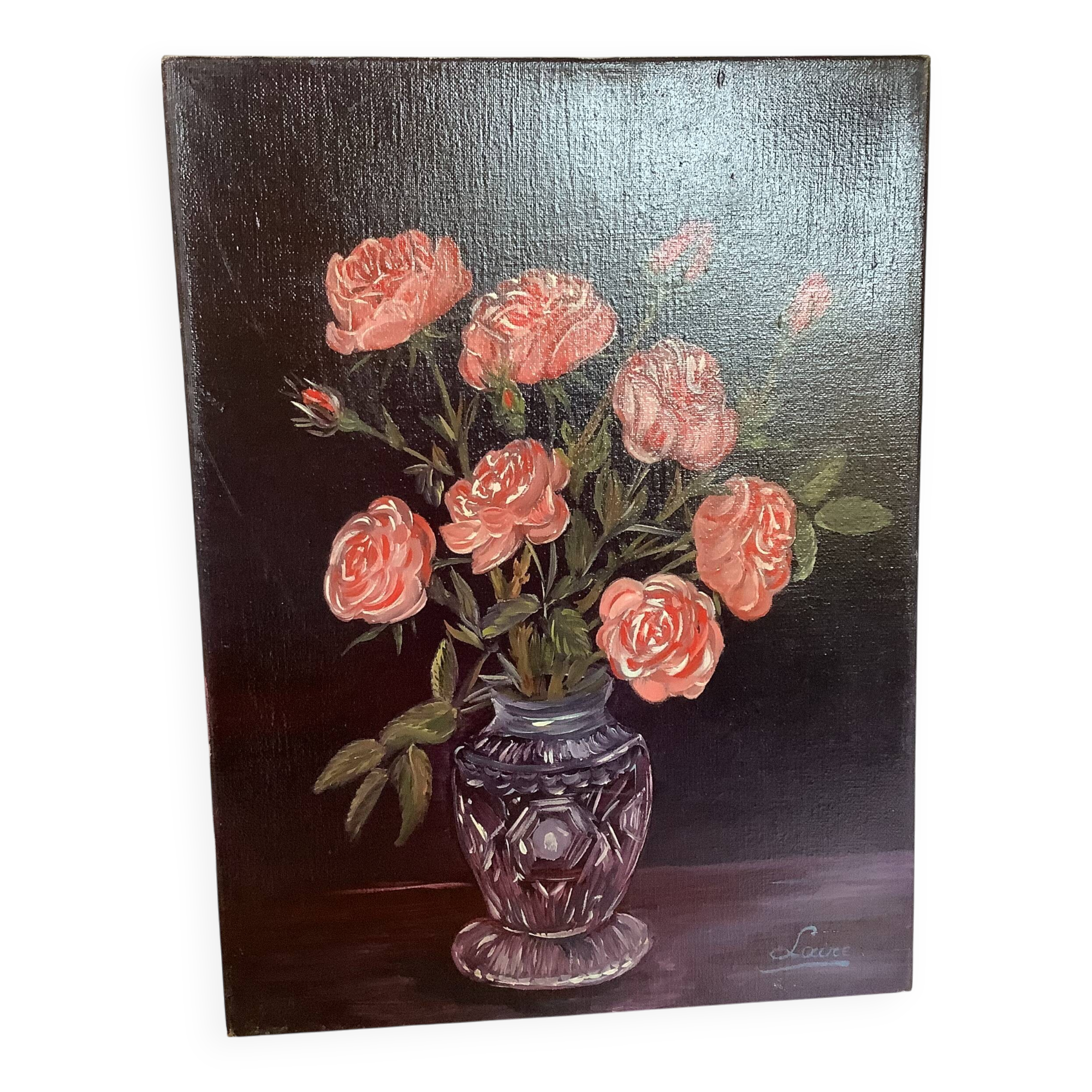 Bouquet of roses oil on canvas painting signed