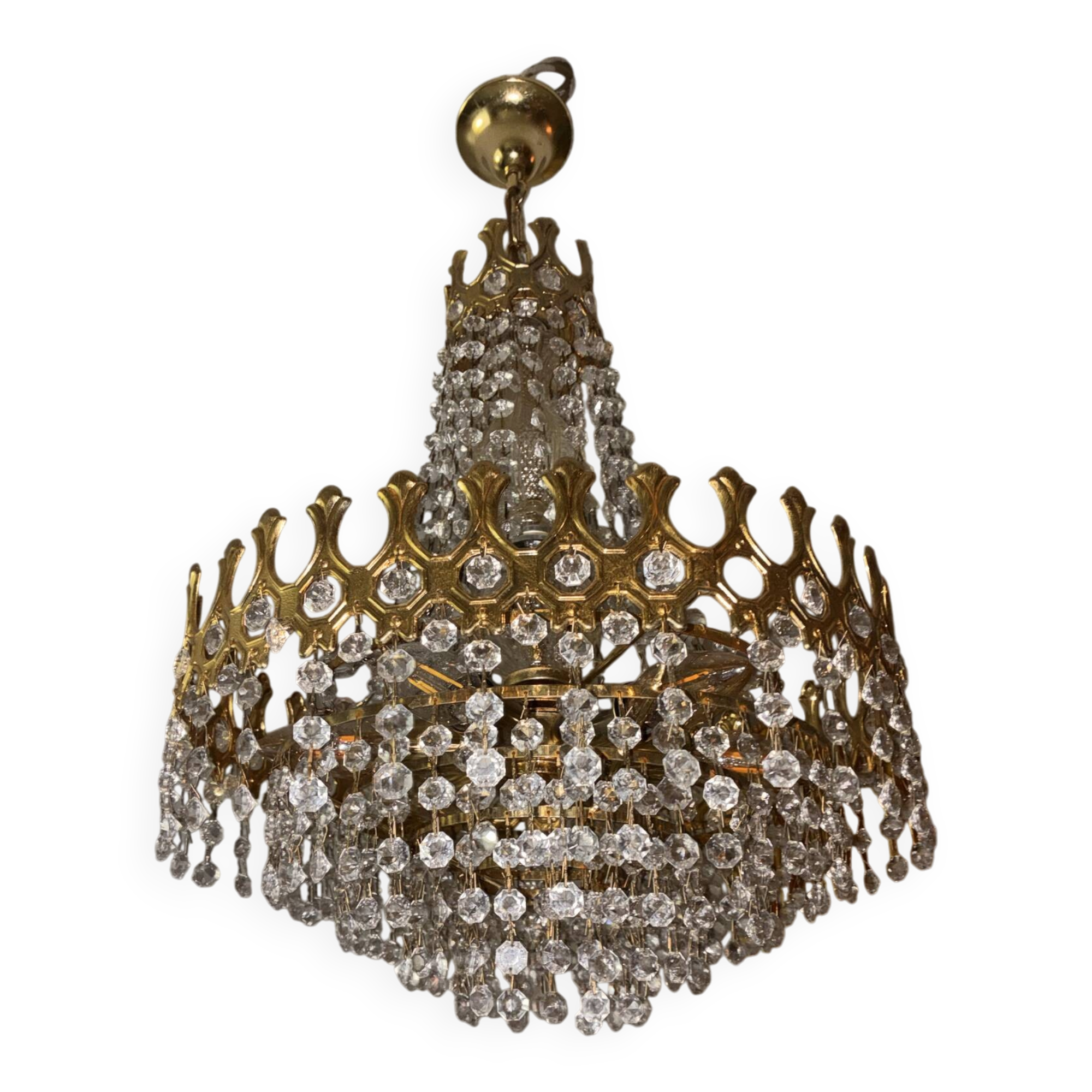 Vintage style Palwa basket chandelier – Gold-plated steel, crystal and heart in