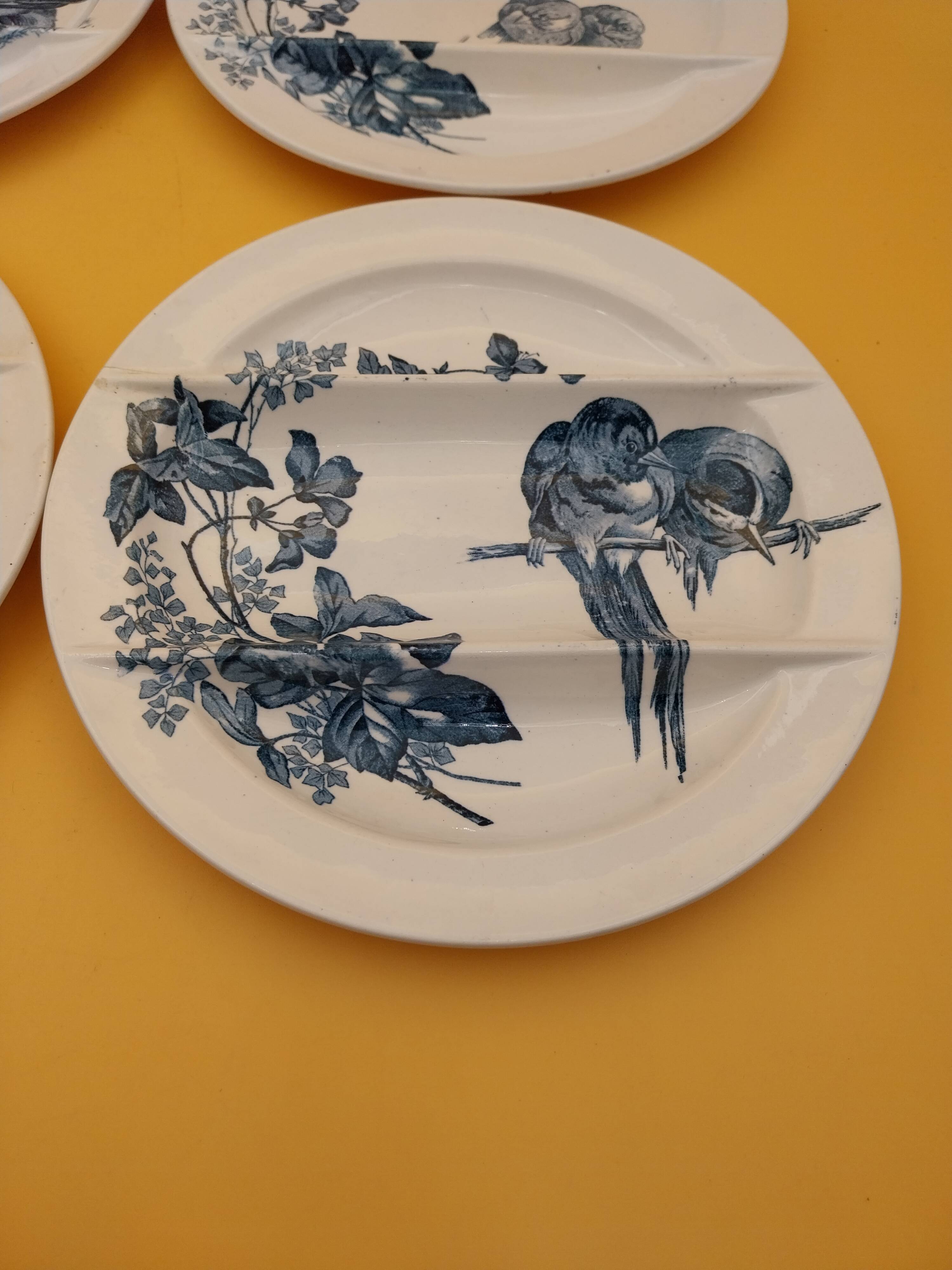 4 asparagus plates Longwy model Birds flowers blue decoration