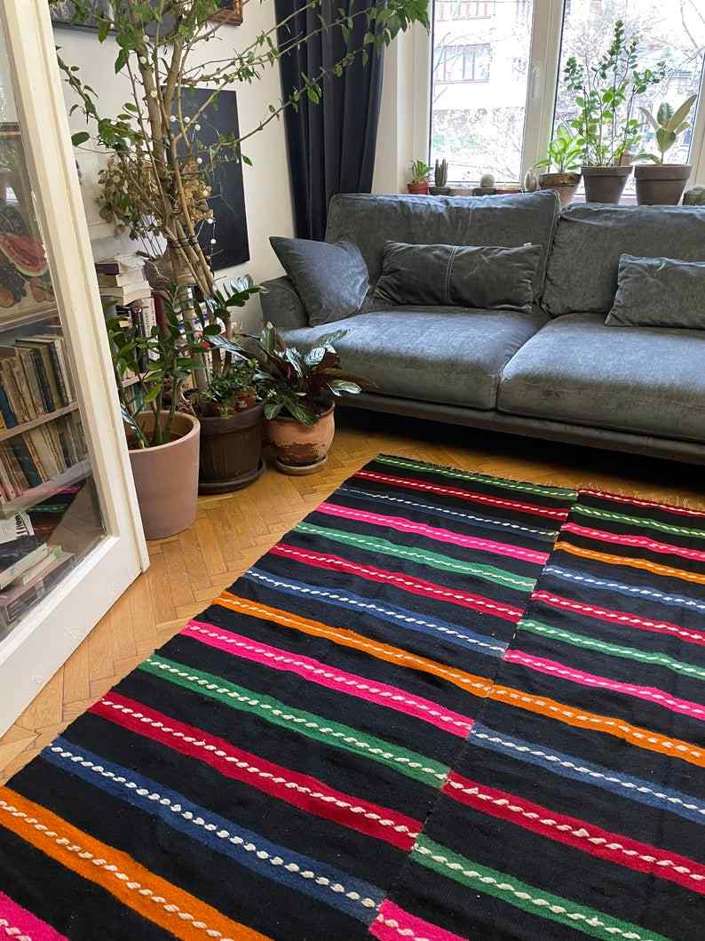 Romanian vintage carpet with stripes, made by hand in wool