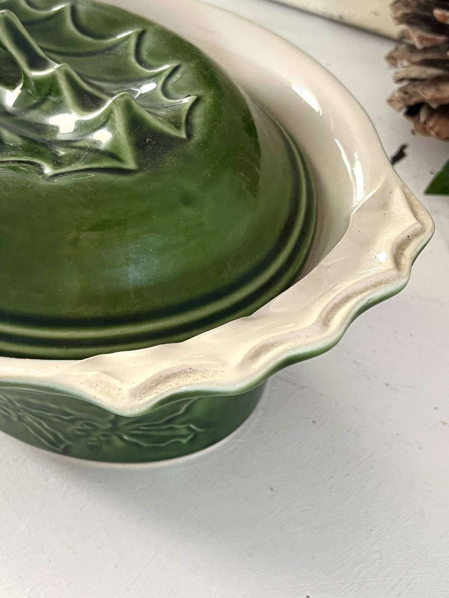 Christmas Terrine with Holly Lid, Green Ceramic Serving Dish, Vintage