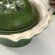 Christmas Terrine with Holly Lid, Green Ceramic Serving Dish, Vintage