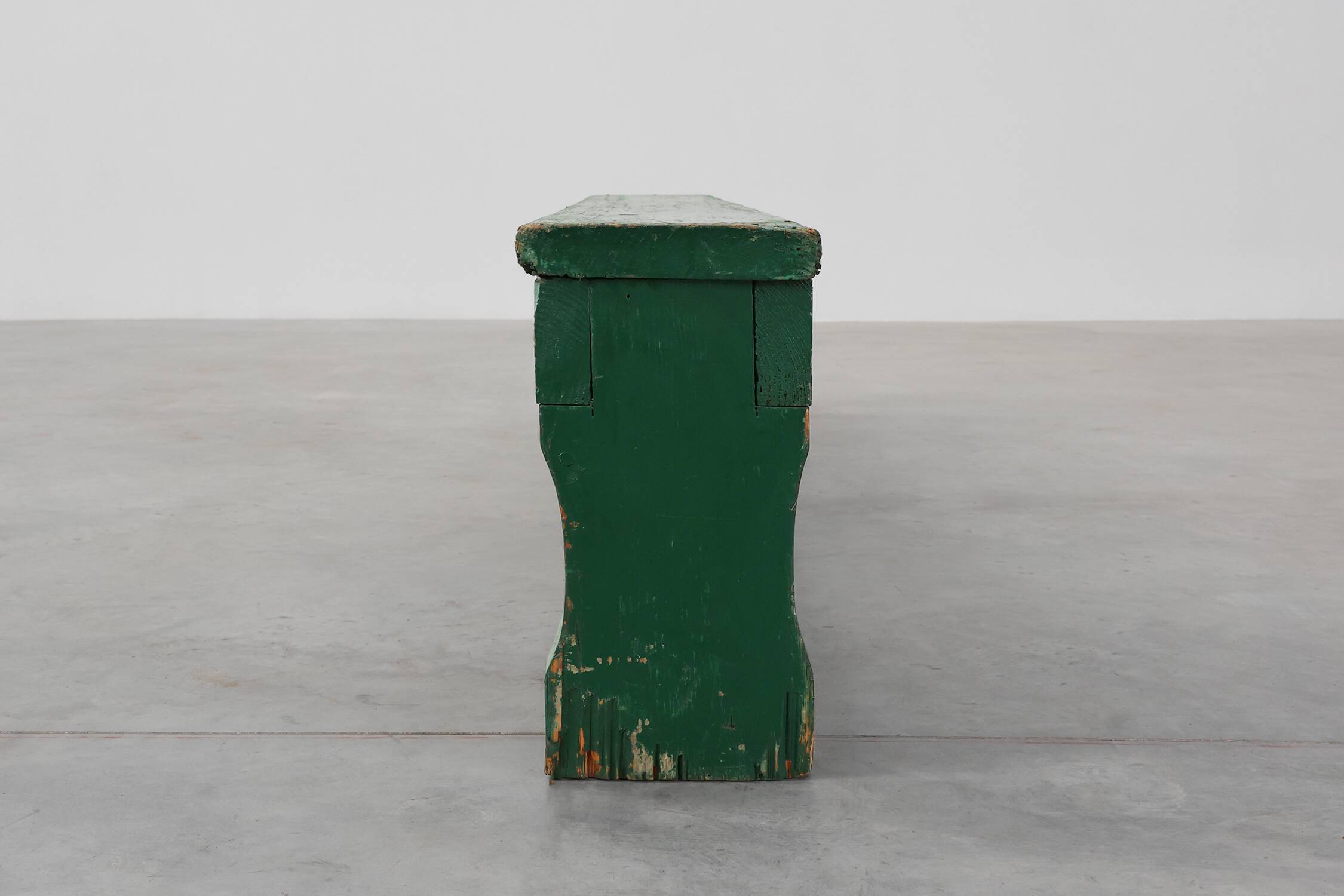 Rustic primitive green farmhouse bench in solid oak, France ca. 1900