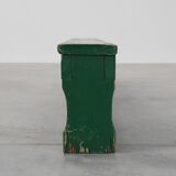 Rustic primitive green farmhouse bench in solid oak, France ca. 1900