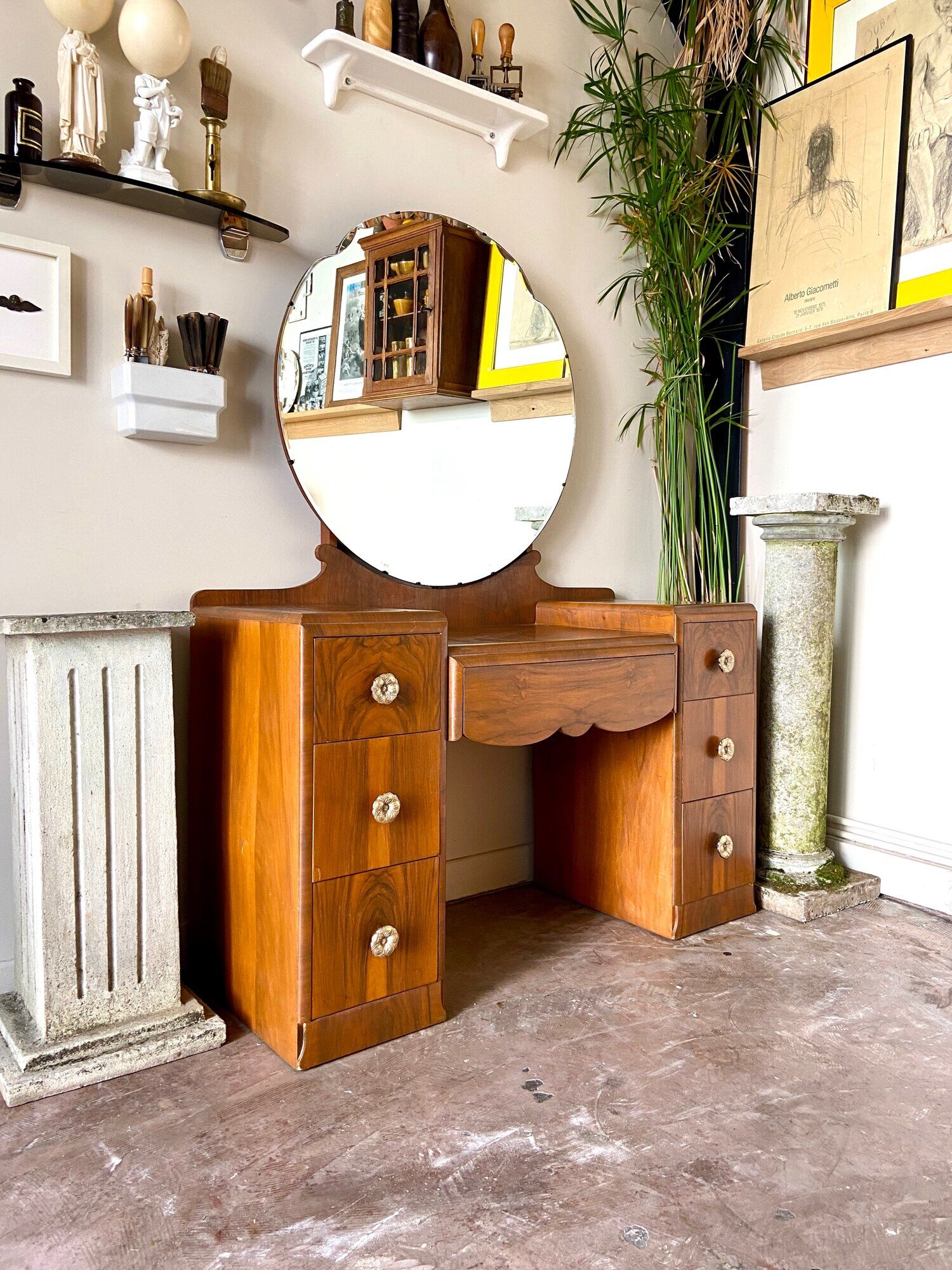 7-drawer wooden dressing table with beveled mirror 1950s
