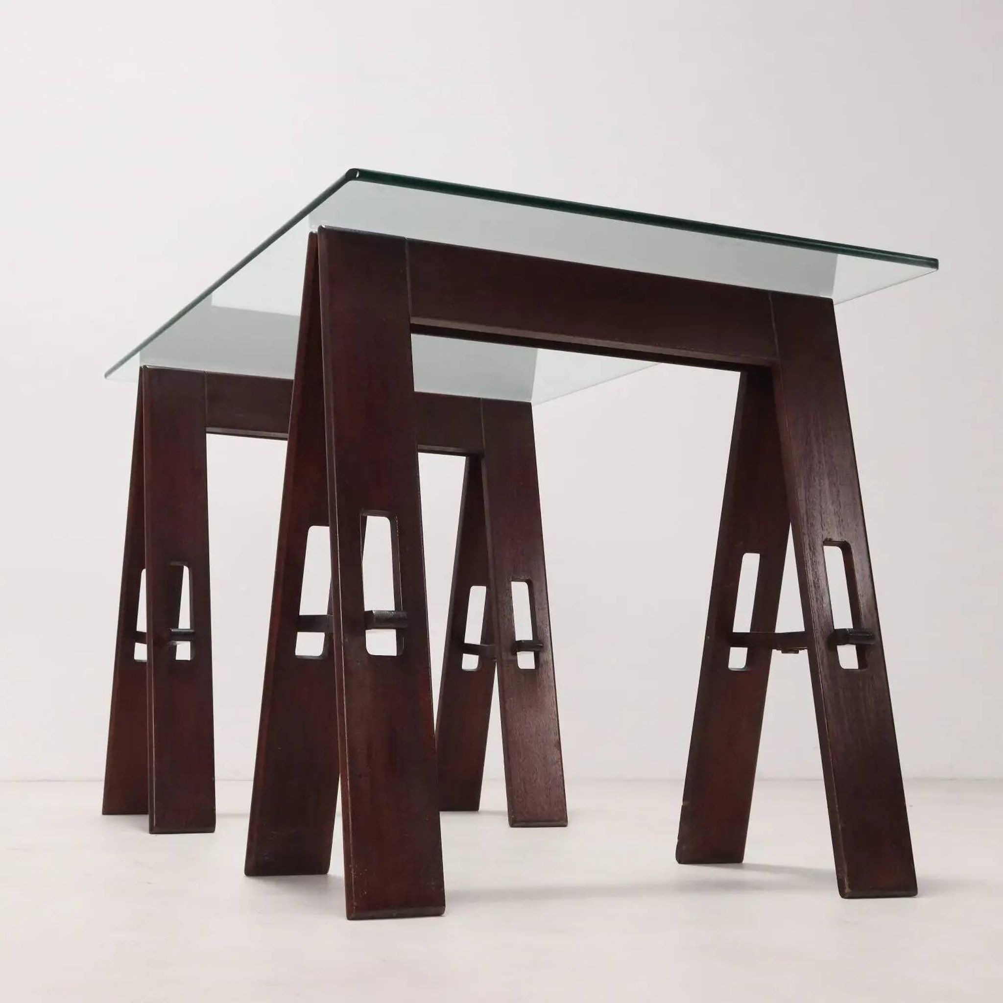 Vintage wooden trestle table with a crystal top, Italy, 1980s.