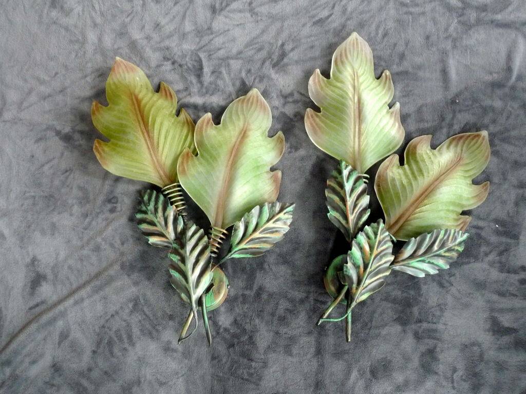 giant painted metal wall sconces Murano glass leaf 63cm