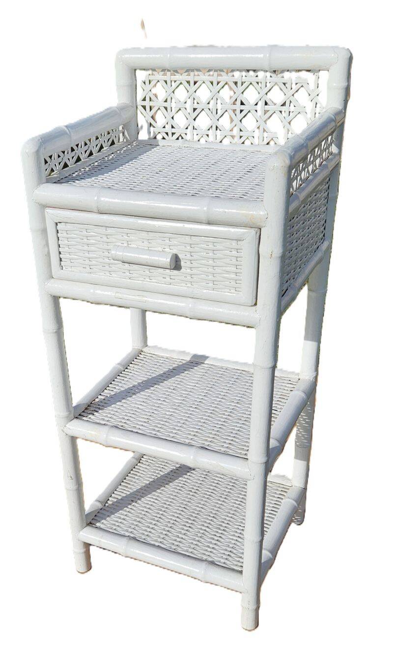 Vintage White Woven Rattan Bedside Table